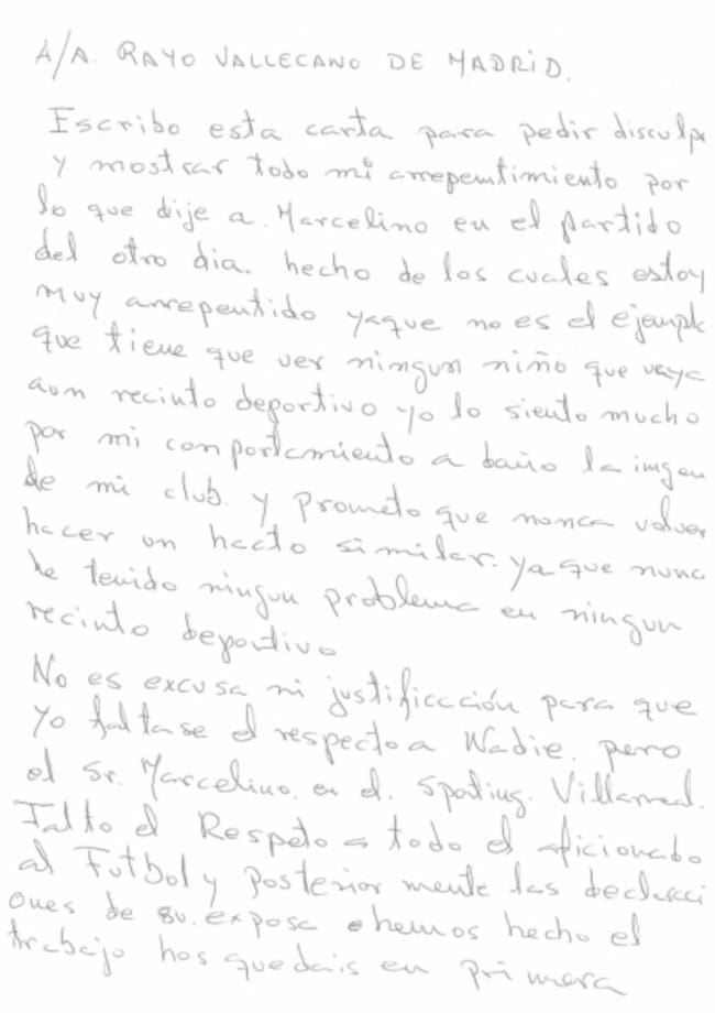 La carta manuscrita por el aficionado del Rayo