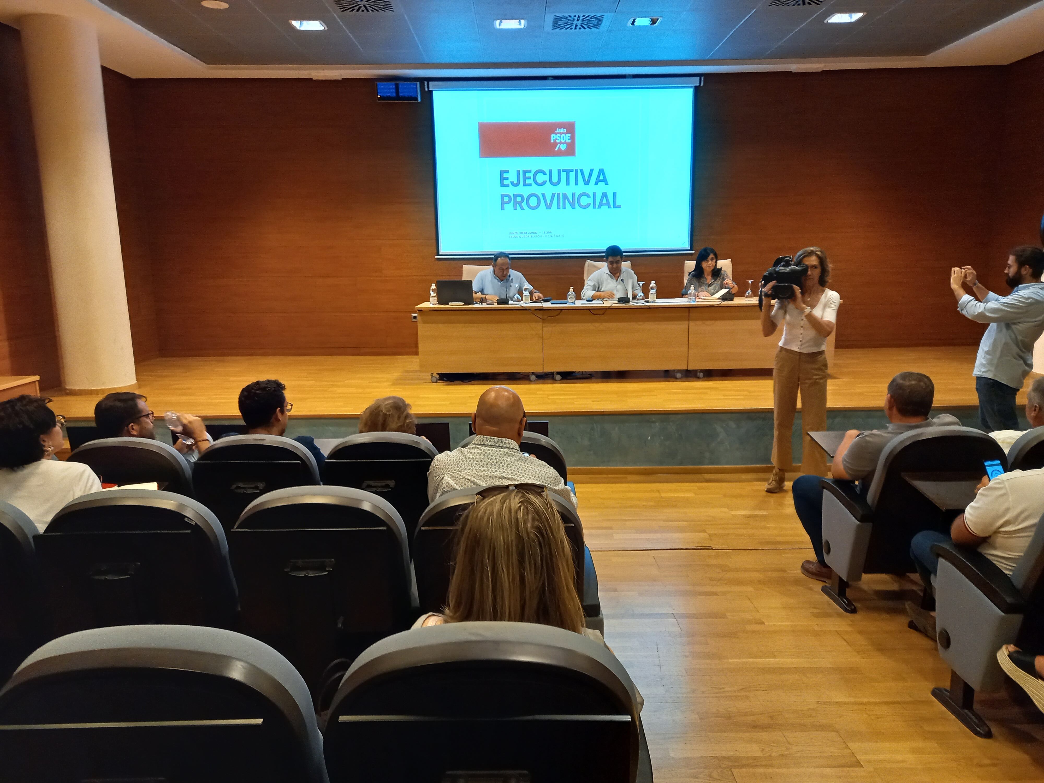 Imagen de la Ejecutiva Provincial del PSOE de Jaén con el secretario general, Francisco Reyes, presidiendo la mesa.