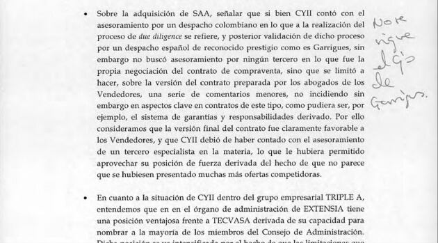 &quot;No sigue el consejo de Garrigues&quot;, dicen las anotaciones manuscritas.