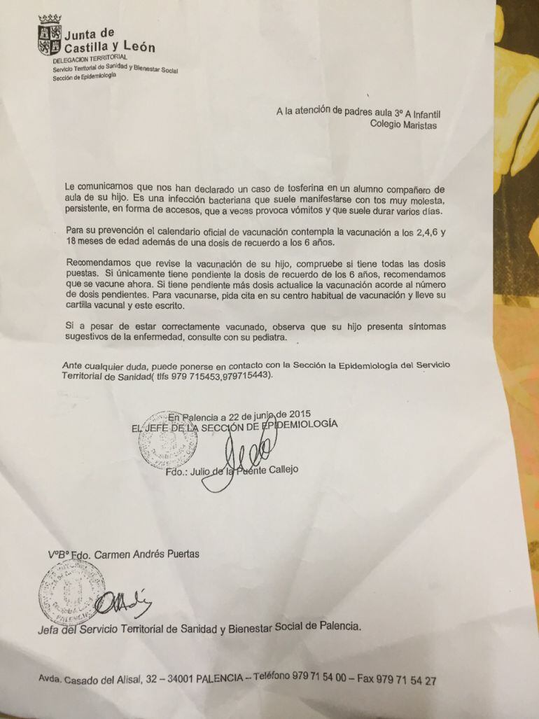 Carta remitida por Sanidad a los padres de los alumnos de 3º de infantil del colegio Marista