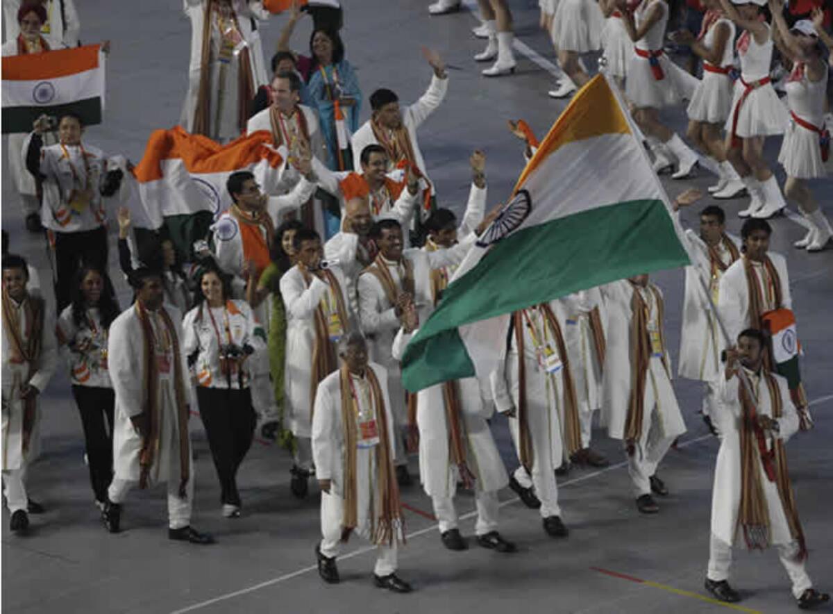 La delegación india en el Estadio Olímpico de Pekín