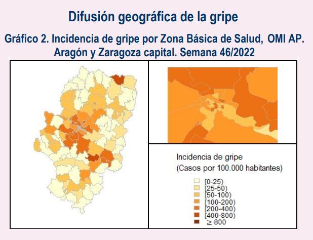 Difusión geográfica de la gripe, en la última semana, en Aragón