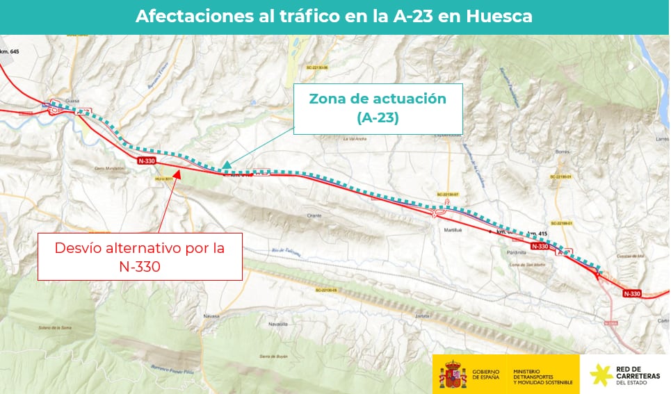 Afectaciones al tráfico en la A-23 entre Sabiñánigo y Jaca