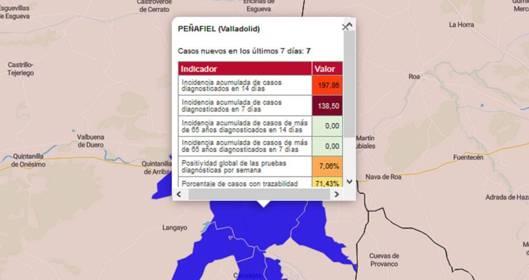 Mapa del Servicio de Epidemiología de la Junta que refleja la situación actual del dato de contagios en la villa.