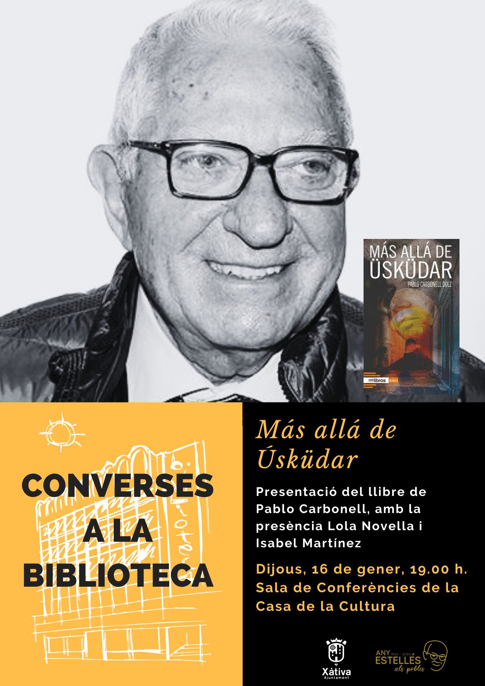 Cartel de Converses a la Biblioteca con Pablo Carbonell. Fuente: Ajuntament de Xàtiva