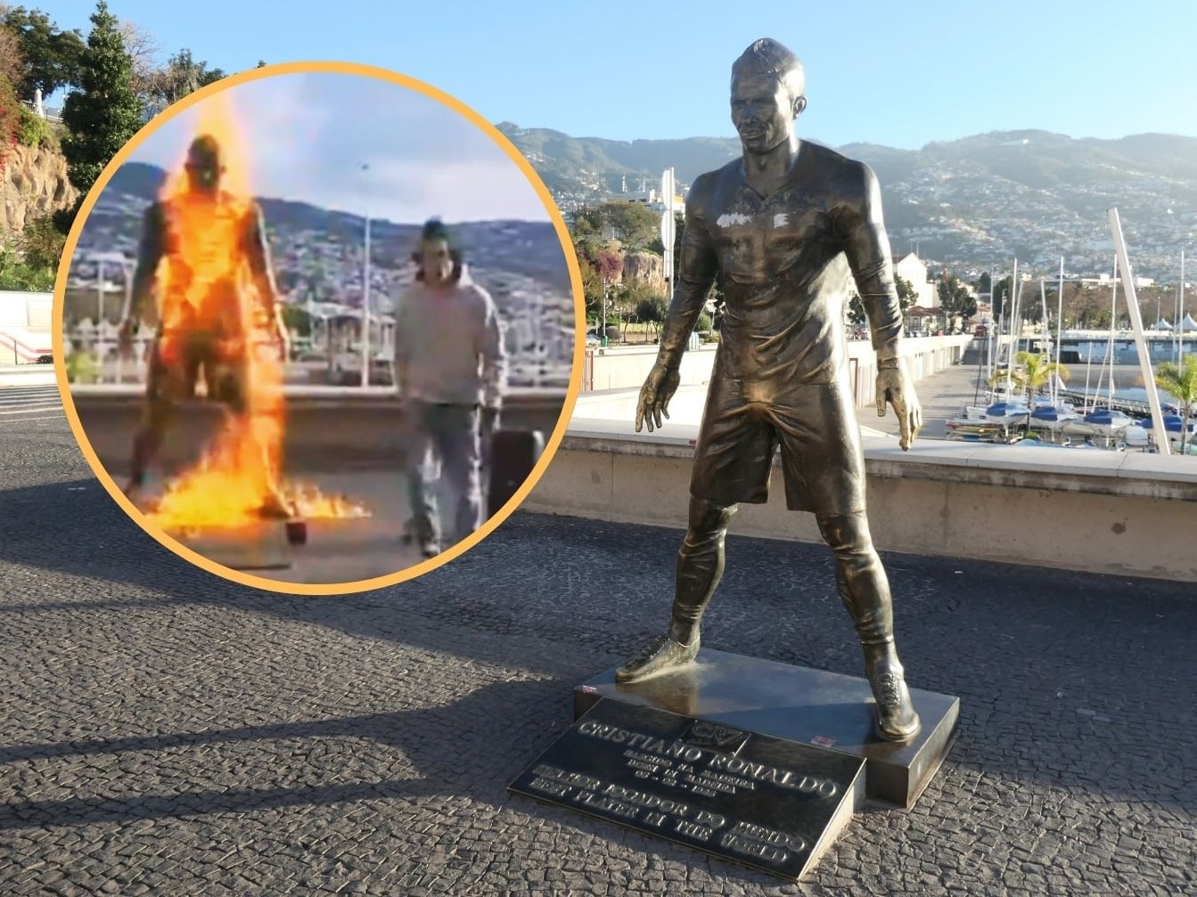 Montaje con la imagen de la estatua de Cristiano Ronaldo vandalizada
