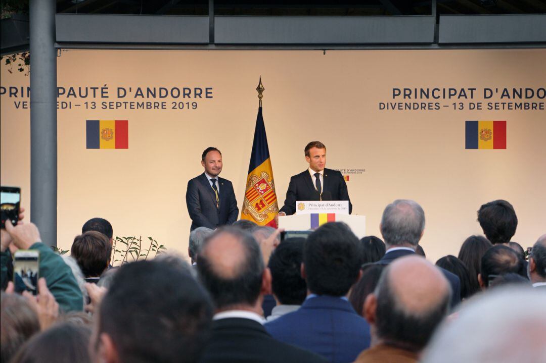 Xavier Espot amb Emmanuel Macron durant la visita que el copríncep va fer a Andorra al setembre del 2019.