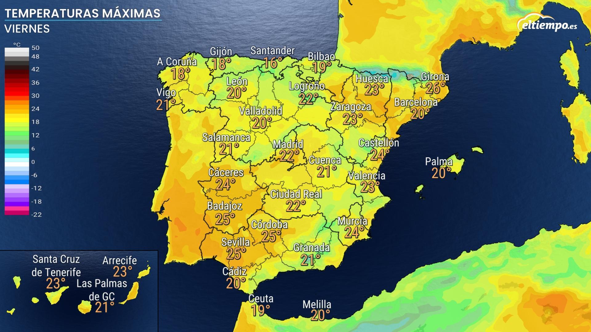 Temperaturas máximas previstas para el Viernes Santo.