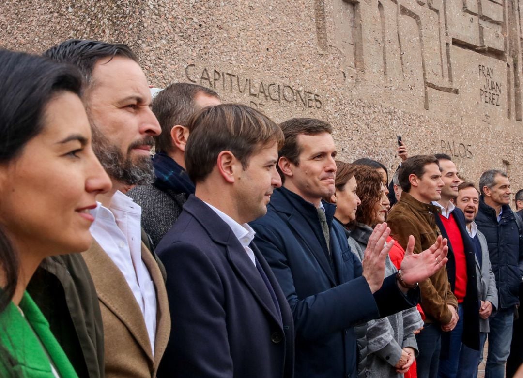 Pablo Casado, Albert Rivera y Santiago Abascal en la concentración en la Plaza de Colón (Madrid) bajo el lema &#039;Por una España unida&#039;  