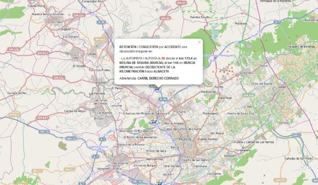Retenciones en la A-30 sentido Albacete, como consecuencia de un accidente de tráfico