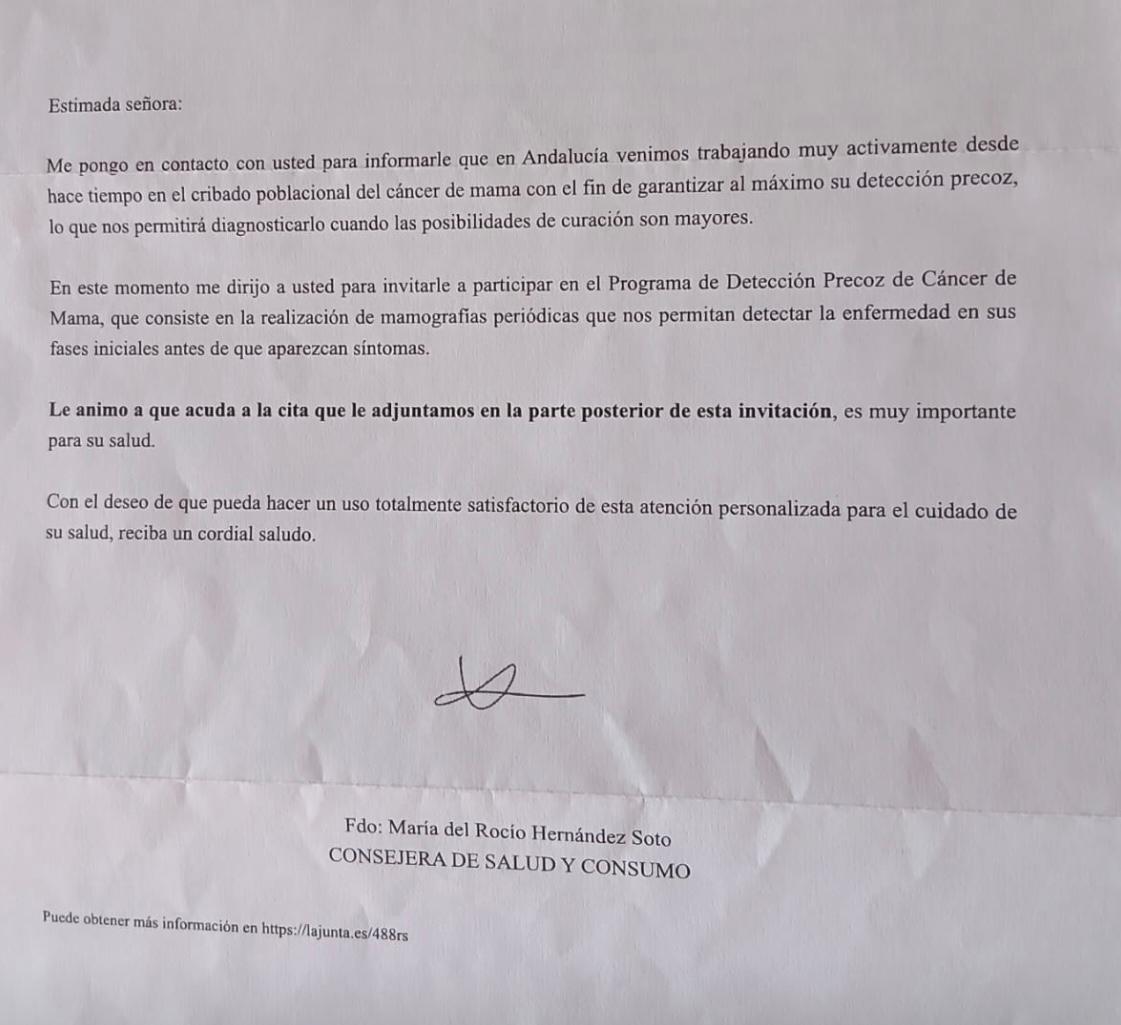 Carta enviada por el SAS a una paciente fallecida hace seis años.