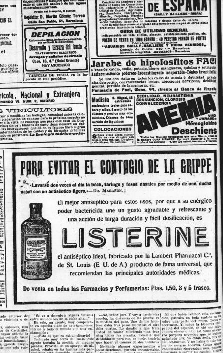 Publicidad en el &#039;Diario de Avisos de Zaragoza&#039;, del 20 de noviembre de 1918, en el que el doctor Gregorio Marañón recomendaba el uso de enjuague bucal de una conocida marca contra la gripe