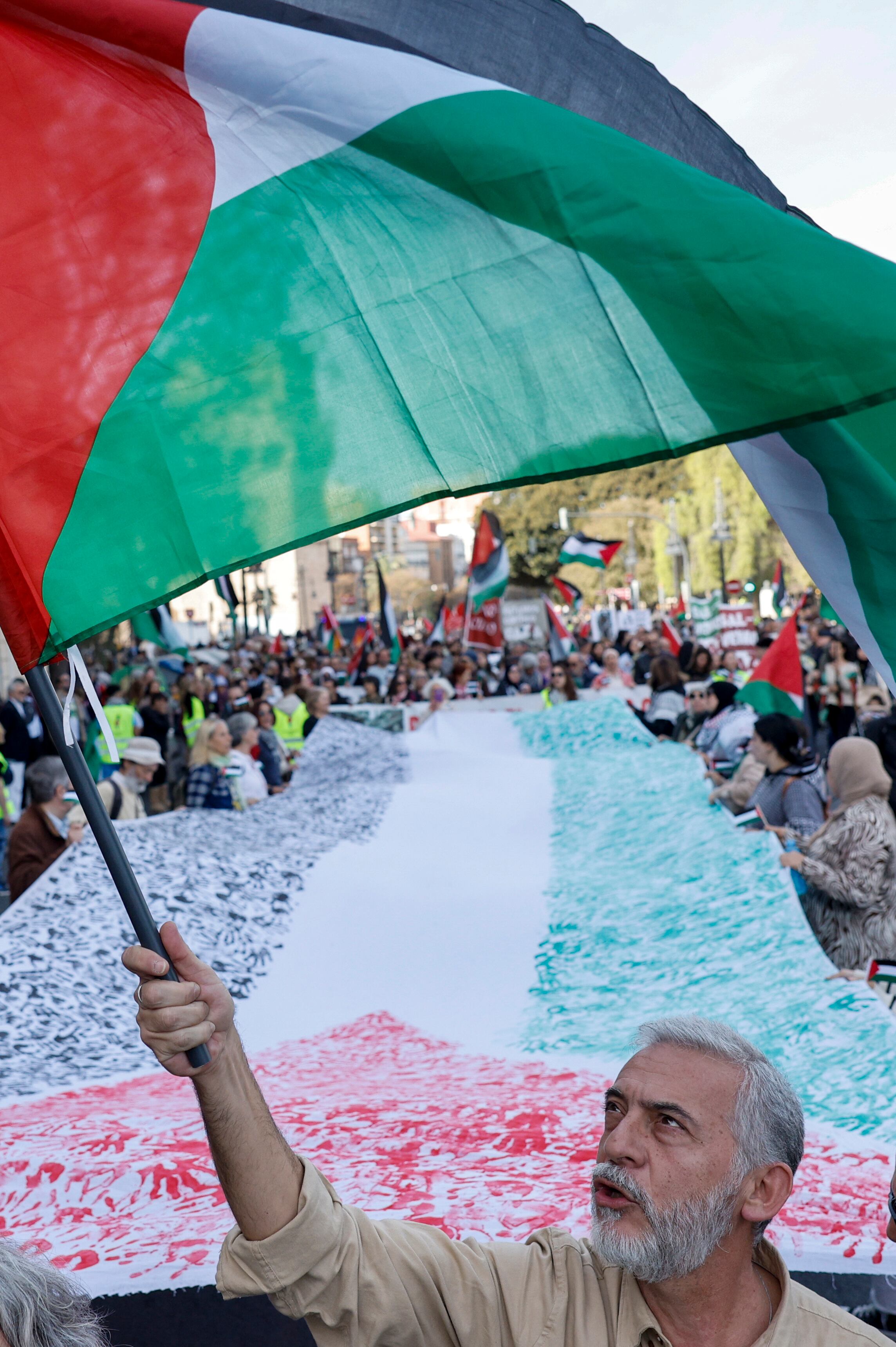 Un hombre ondea la bandera palestina durante la manifestación en apoyo al pueblo palestino celebrada este domingo en València.