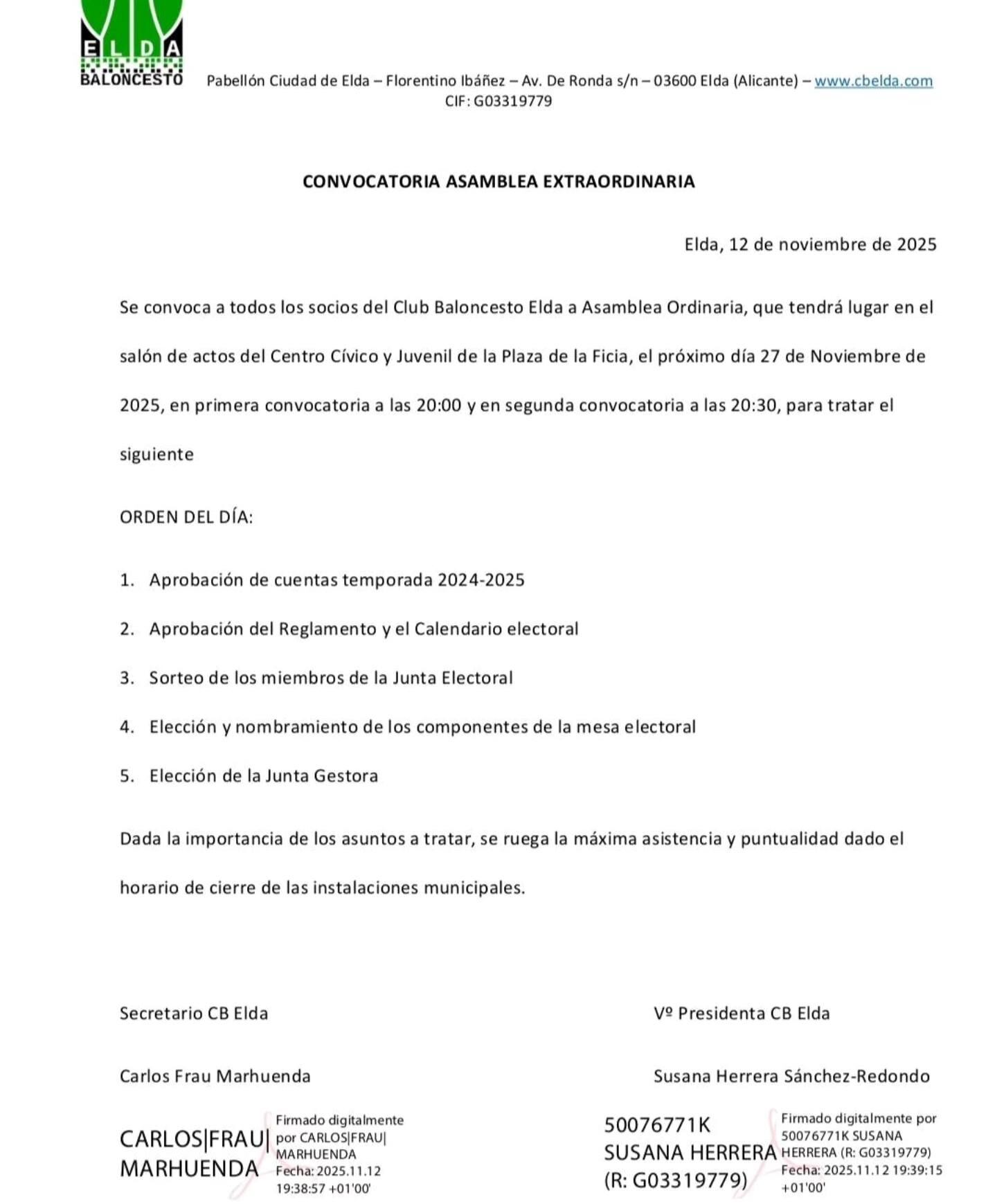 Convocatoria de Asamblea Extraordinaria del C. B. Elda