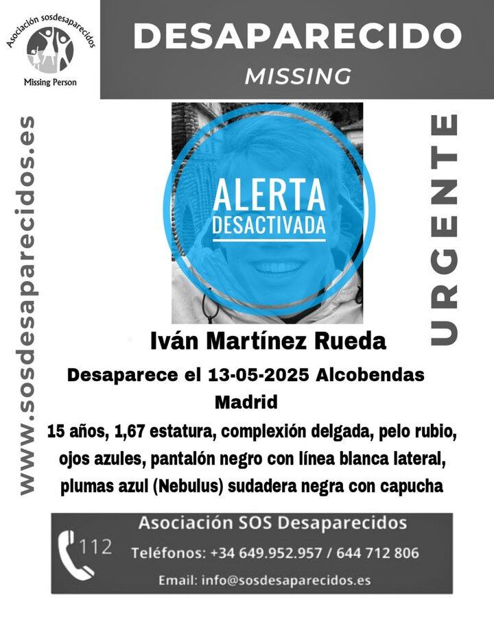 ALERTA DESACTIVADA POR LA DESAPARICIÓN DE UN MENOR EN ALCOBENDAS