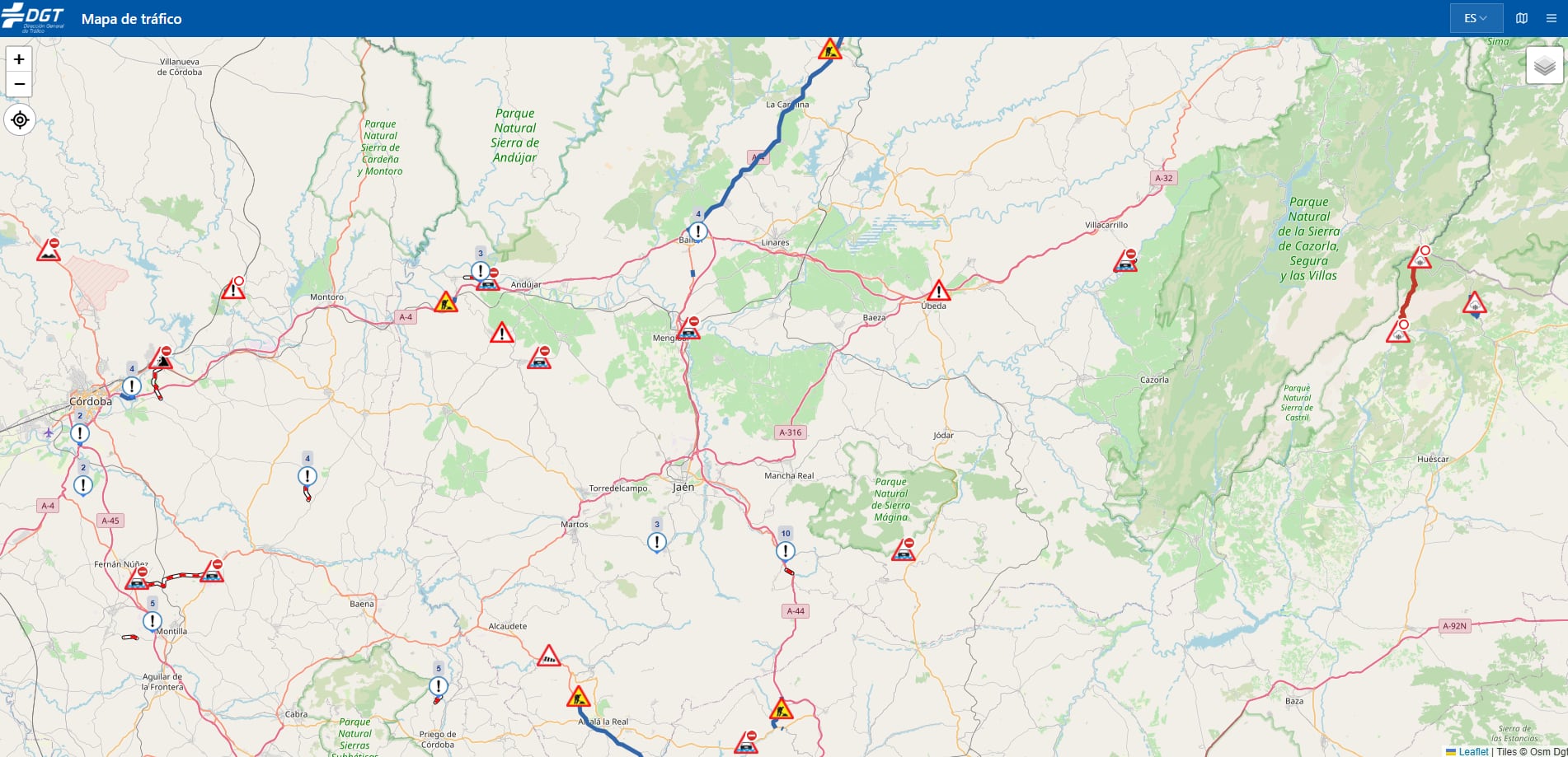 Mapa de carreteras cortadas al tráfico en la provincia de Jaén por las inclemencias meteorológicas.