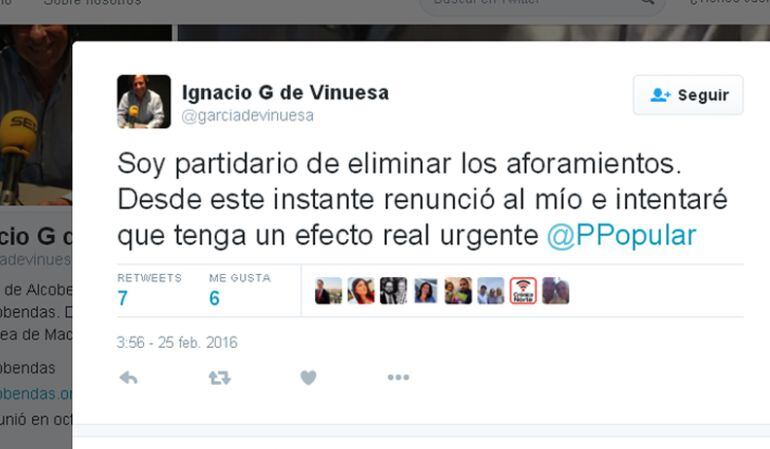 Tweet de Ignacio García de Vinuesa anunciando que renuncia a su aforamiento