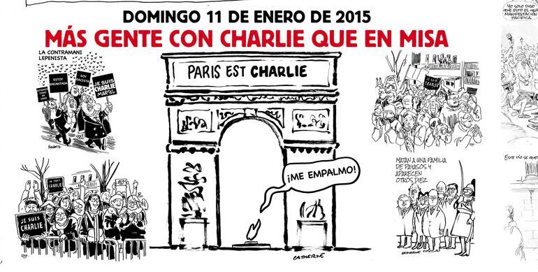 Parte de la doble página central del número que esta semana publica la revista Charlie Hebdo traducida al español