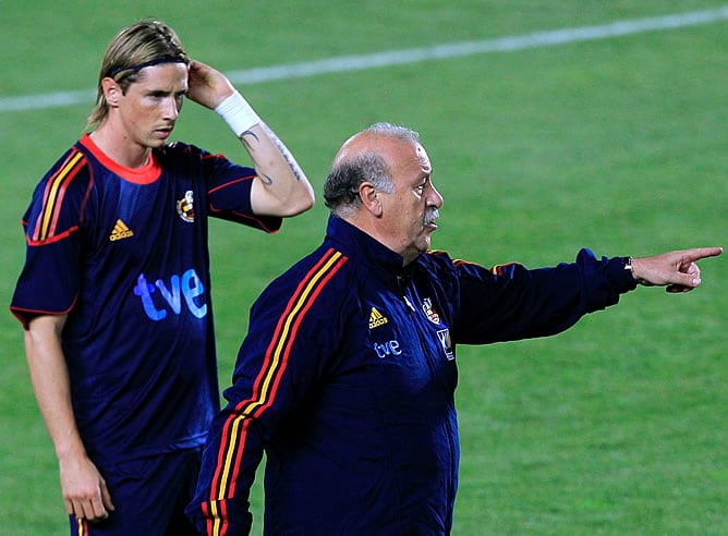 Fernando Torres, junto a Del Bosque durante un entrenamiento de la Selección