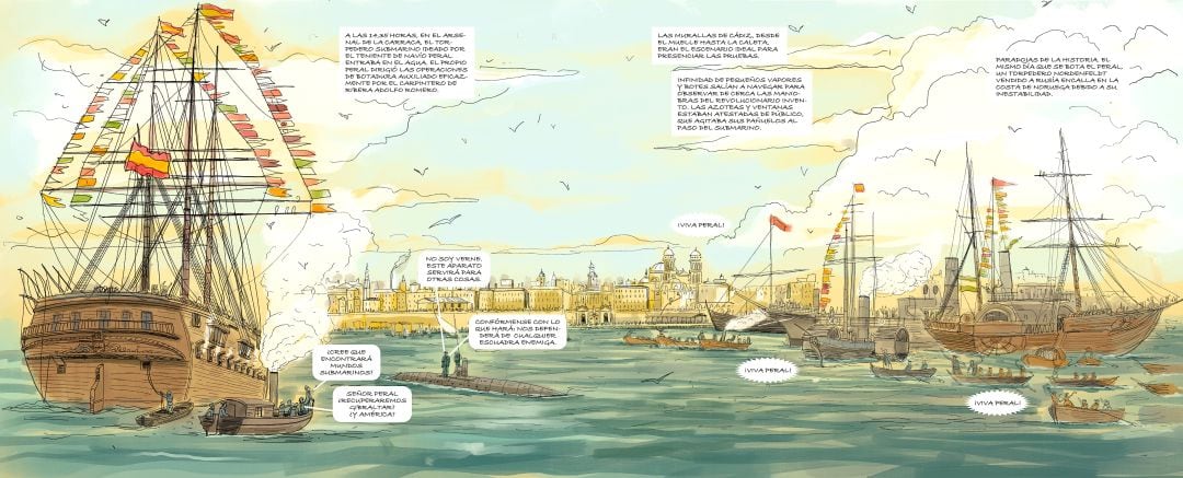 Imagen del cómic. Peral sobre su submarino es entrevistado por periodistas a bordo de chalupas, con la ciudad de Cádiz al fondo 