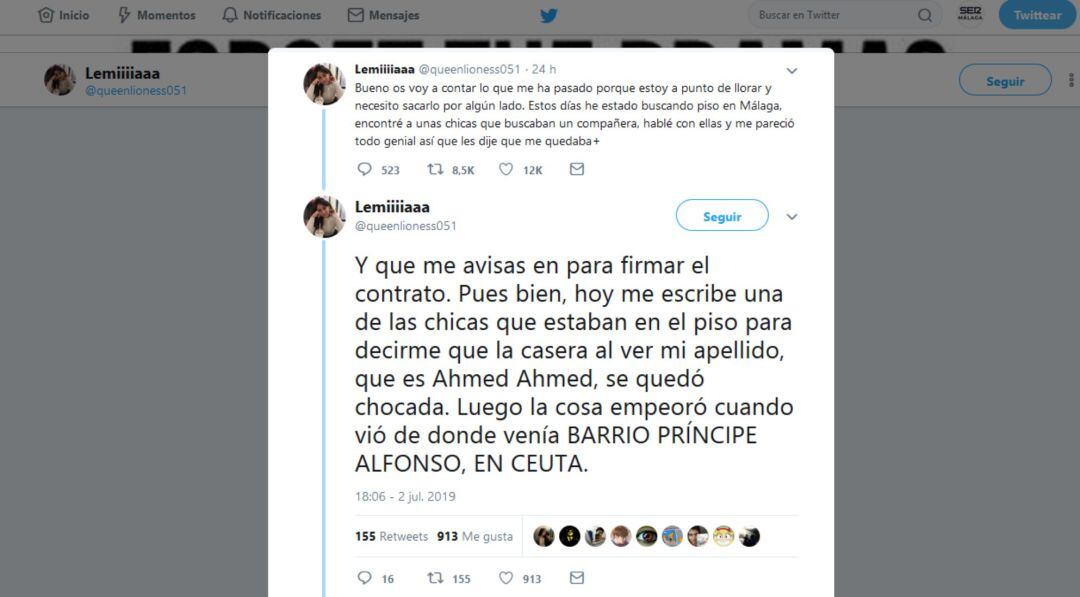 El hilo en Twitter en el que la joven denunció los hechos