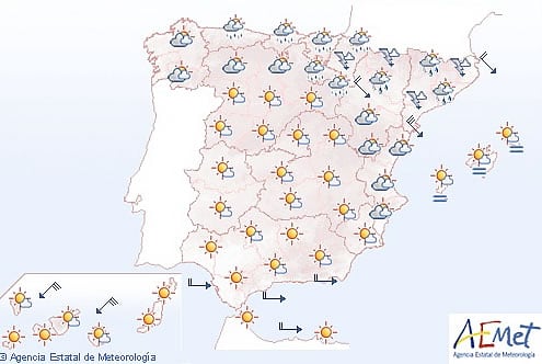 Aemet prevé para este jueves chubascos o tormentas localmente fuertes en el nordeste y levante peninsular y en Baleares