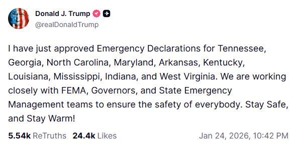 Publicación de Donald Trump en su perfil de 'Truth Social' sobre el temporal en Estados Unidos
