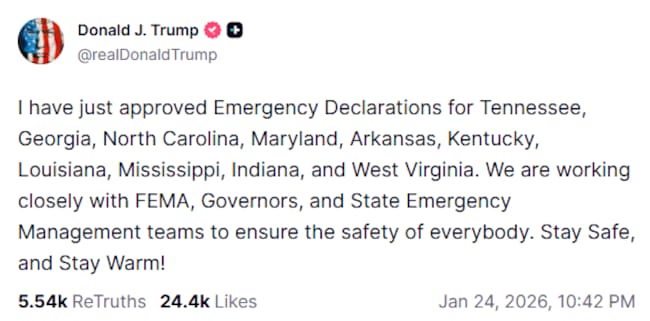 Publicación de Donald Trump en su perfil de 'Truth Social' sobre el temporal en Estados Unidos