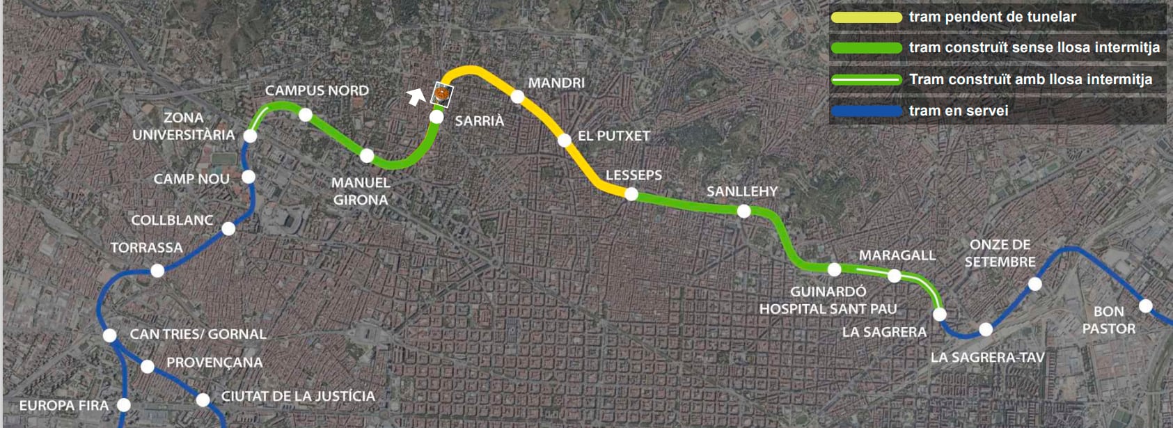 Plànol de la línia 9 amb l&#039;estat del diferents trams a octubre de 2023