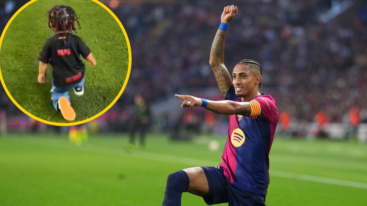 Gael, hijo de Raphinha, calca la celebración de su padre en el césped de Montjuic