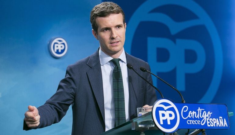 Rueda de prensa del vicesecretario de Comunición del PP, Pablo Casado