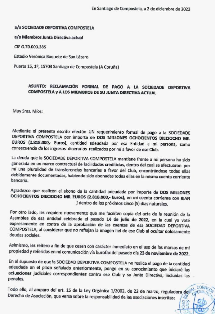 Documentos por los que Antonio Quinteiro reclama casi tres millones de euros a la SD Compostela