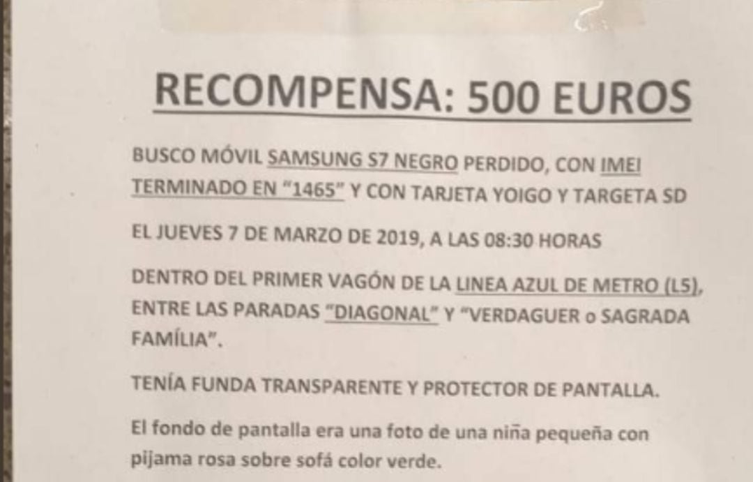 El cartel de un hombre que busca su móvil perdido