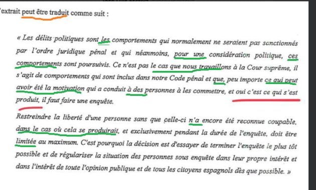 Extracto de la demanda que recogen las palabras de Llarena mal traducidas al francés.