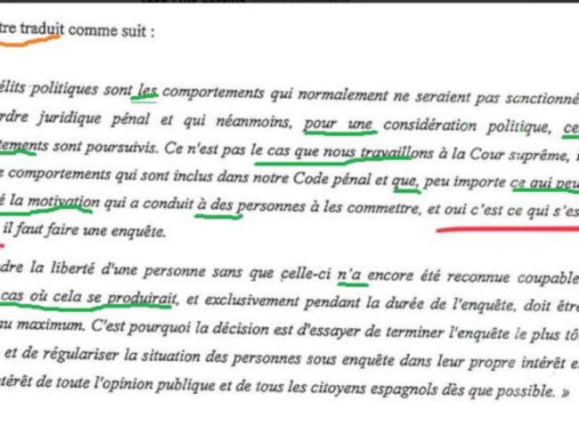 Extracto de la demanda que recogen las palabras de Llarena mal traducidas al francés.