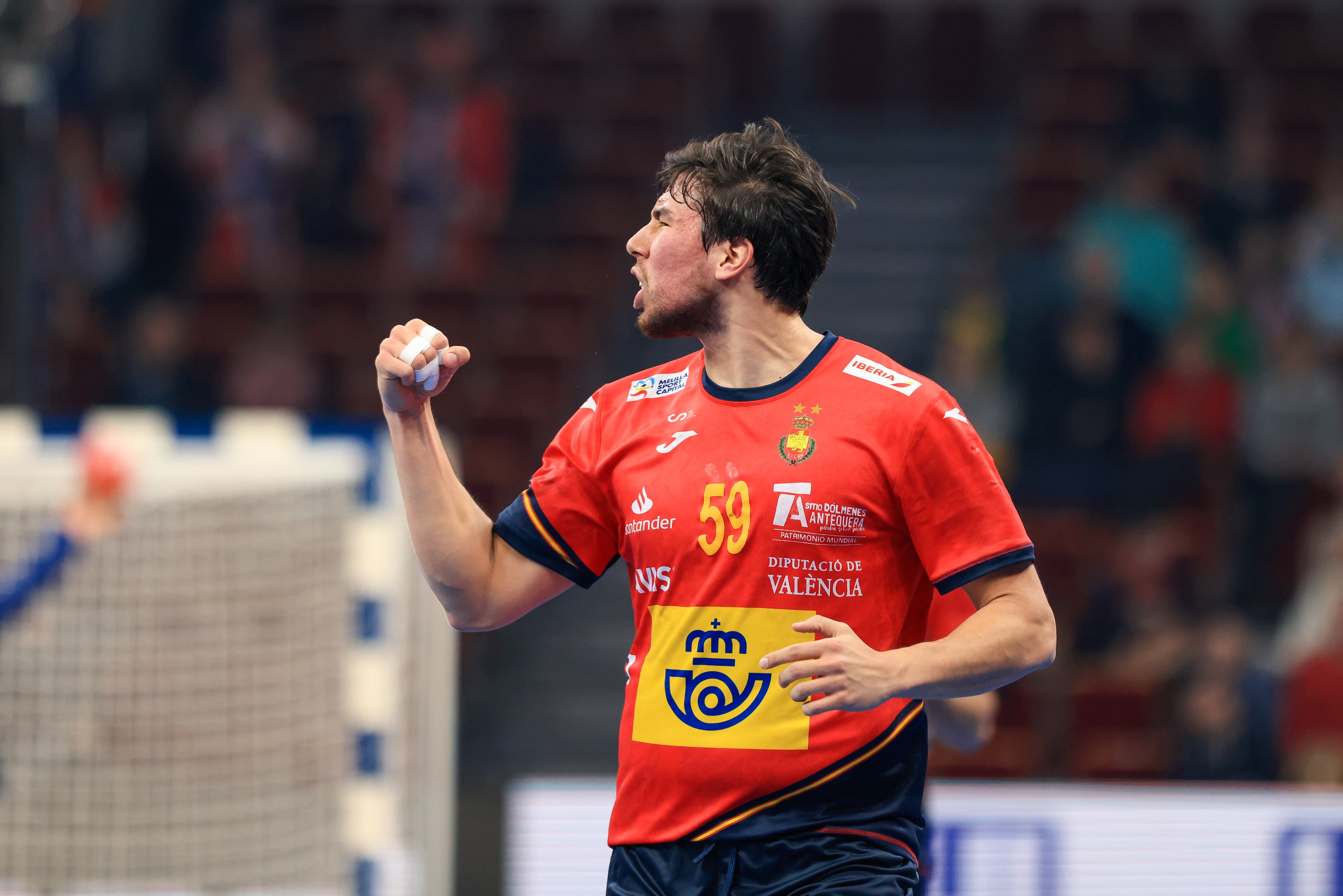 25 January 2023, Poland, Danzig: Handball: World Cup, final round, quarterfinal Norway - Spain at Ergo Arena. Spain's player Daniel Dujshebaev cheers about the entry into the semifinals. Photo: Jan Woitas/dpa (Photo by Jan Woitas/picture alliance via Getty Images)