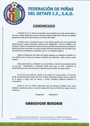 Comunicado de las peñas del Getafe.