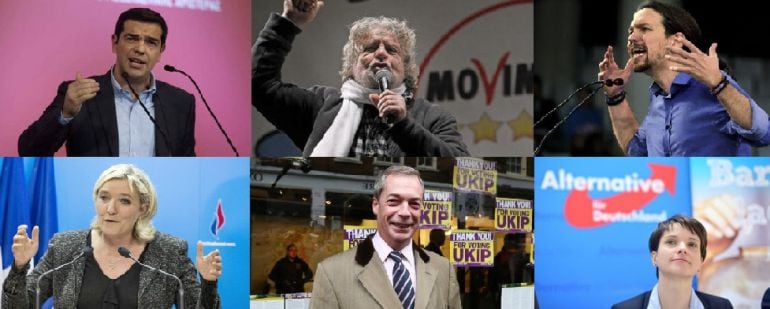 De izquierda a derecha, Alexis Tsipras, Beppe Grillo, Pablo Iglesias, Marine Le Pen, Nigel Farage y Frauke Petry.