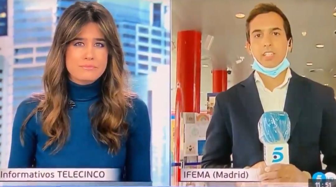 Imagen de la cobertura en directo del reportero de Informativos Telecinco que ha presentado fiebre mientras informaba desde Ifema.