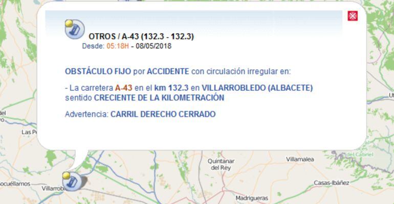 La Dirección General de Tráfico informa de que hay un carril cortado en Villarrobledo
