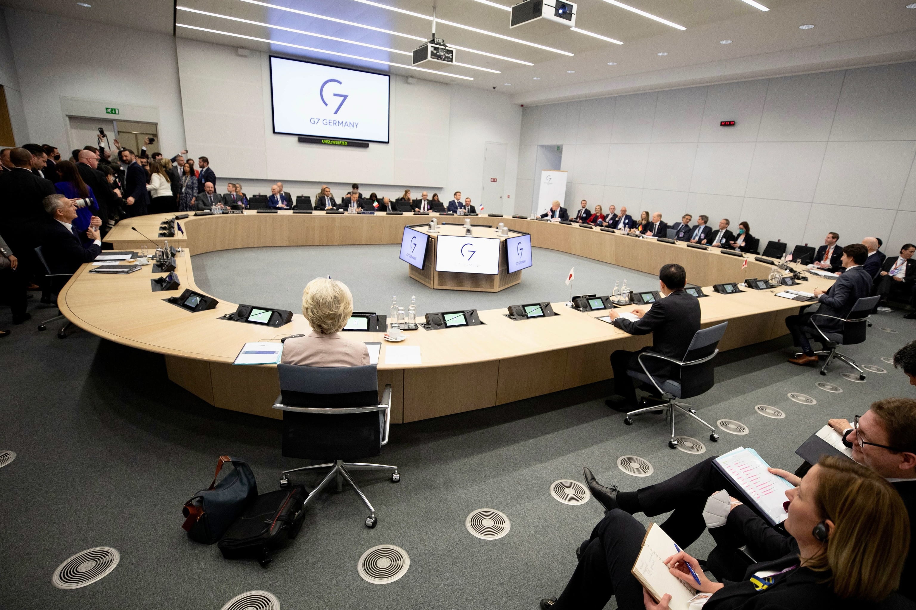 Los líderes del G/ durante su reunión de este jueves en Bruselas