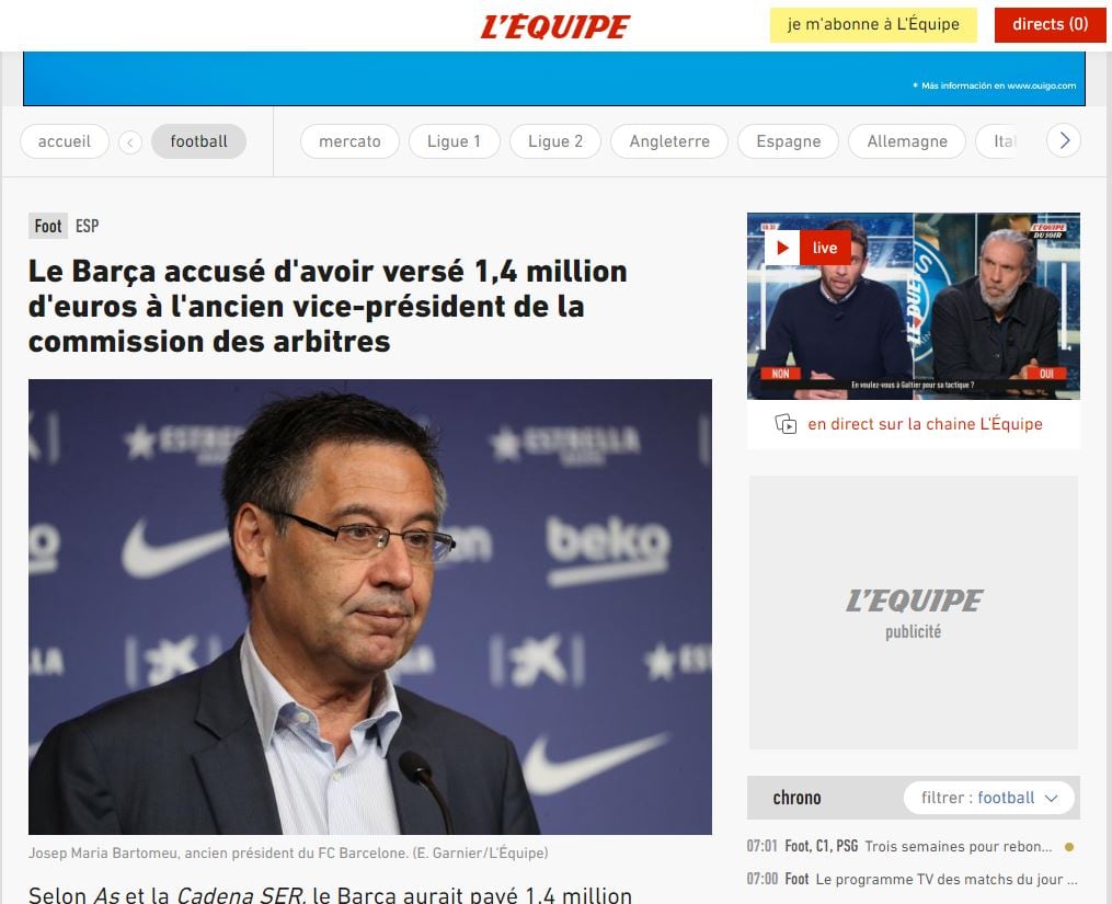 La noticia en el diario francés &#039;L&#039;Équipe&#039;