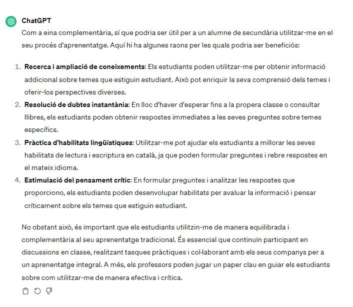 Xat GPT respon perquè una eina de IA generativa pot ser útil per estudiants de secundària
