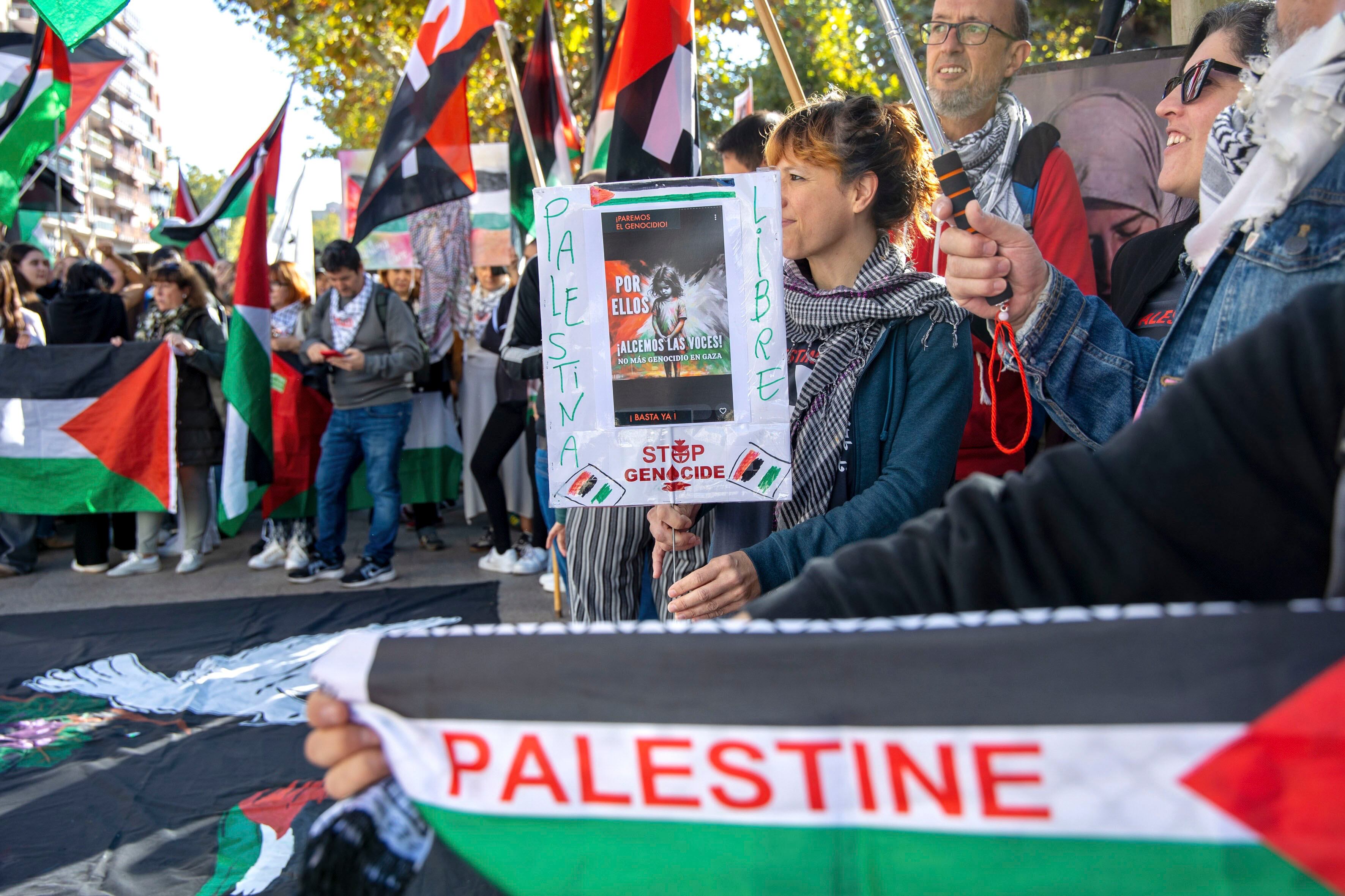 LOGROÑO, 15/10/2025.- Concentración en la que cientos de estudiantes junto acampada por Palestina de La Rioja han protestado este miércoles en el Paseo del Espolón en apoyo a la jornada de lucha por Palestina convocada por estudiantes y sindicatos. EFE/ Raquel Manzanares