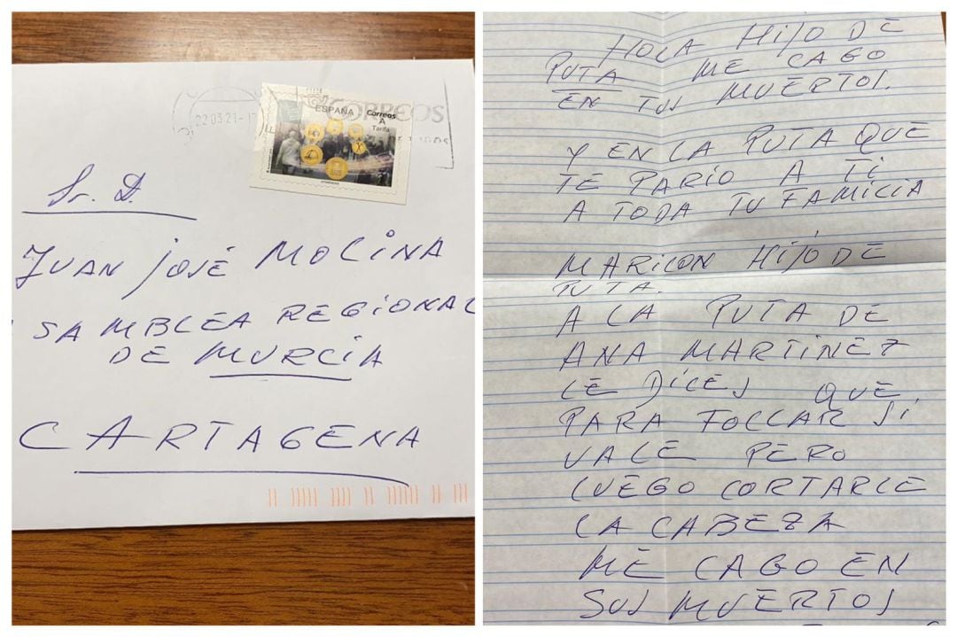 Esta es la carta amenazante que ha recibido el exportavoz de Ciudadanos en la Asamblea Regional de Murcia