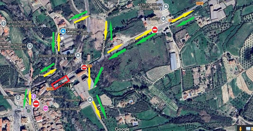 Mapa con los desvíos temporales hacia Albaida y El Palomar durante el cierre del puente de la antigua estación de tren