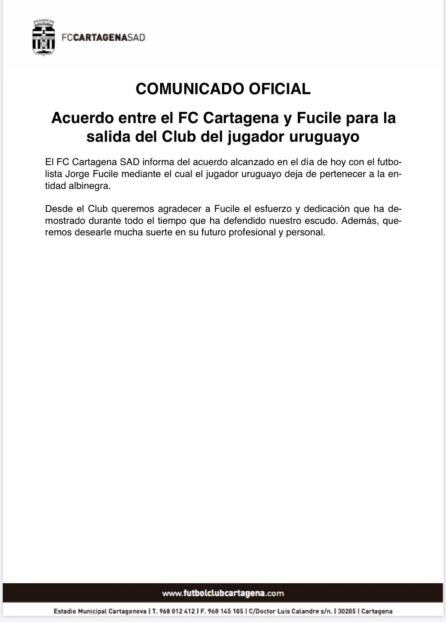 Comunicado de la desvinculación de Fucile con el Cartagena