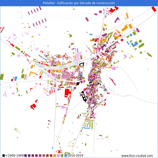 Mapa de la antigüedad de los edificios de Peñafiel a fecha de 2019