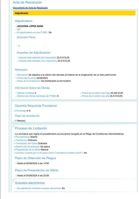 Resolución de la subasta en la plataforma de contratación