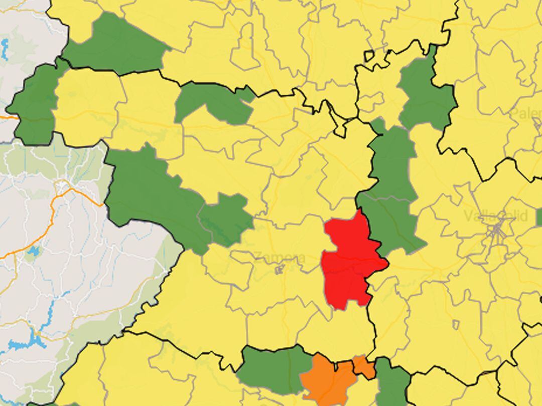 La zona básica de salud de Toro coloreada en rojo debido al alto número de contagios